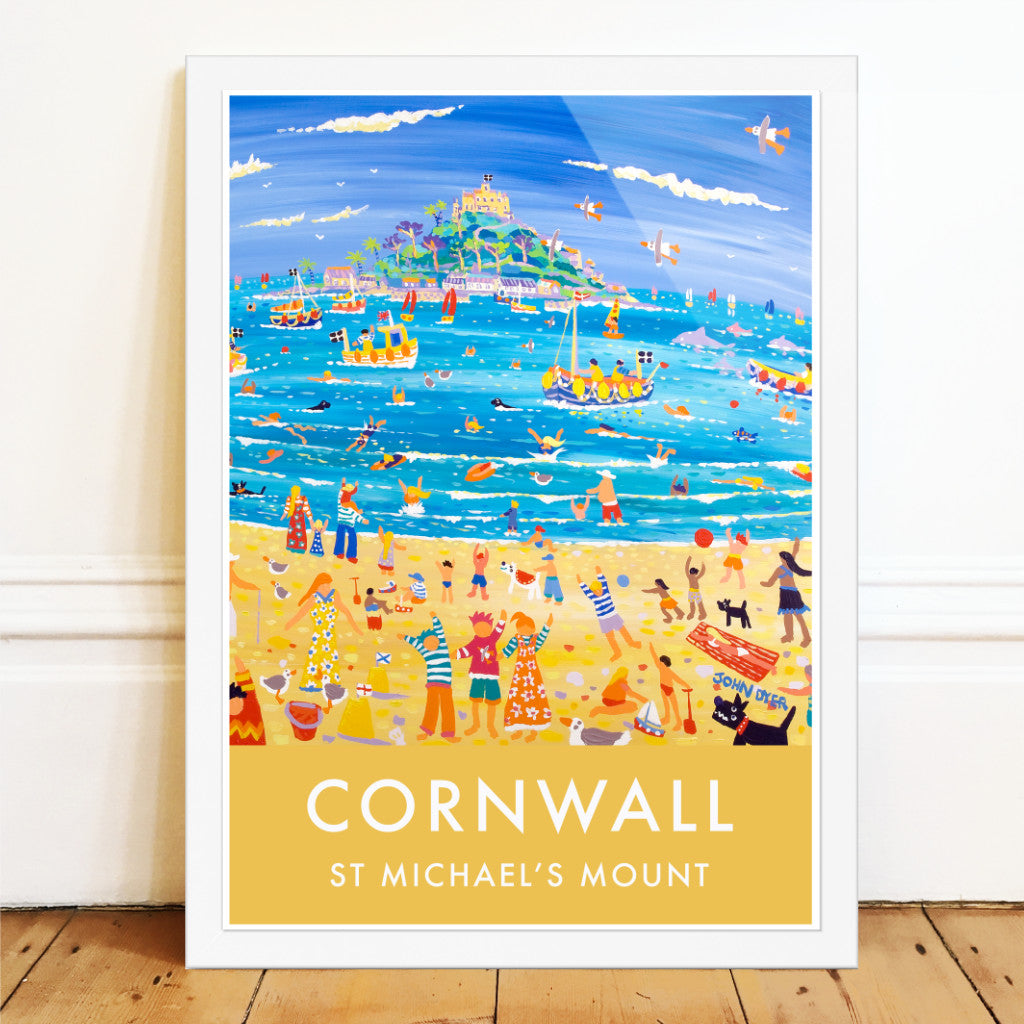 Travle style art poster print by artist John Dyer of the beach at St Michael's Mount. Dogs, childre, boats, swimmers, buckets and spades, dolphons, seagulls and more.