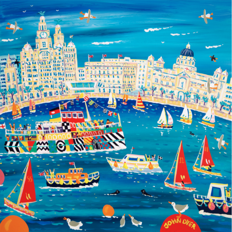 John Dyer art print of Liverpool with the Mersey Ferry, sailing boats, the Liver building and seagulls