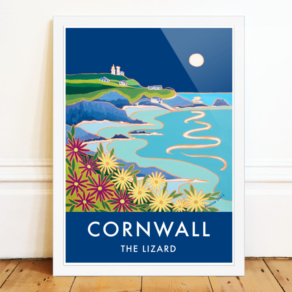 Joanne Short art poster of the Lizard Lighthouse at night with the moon, Cornwall