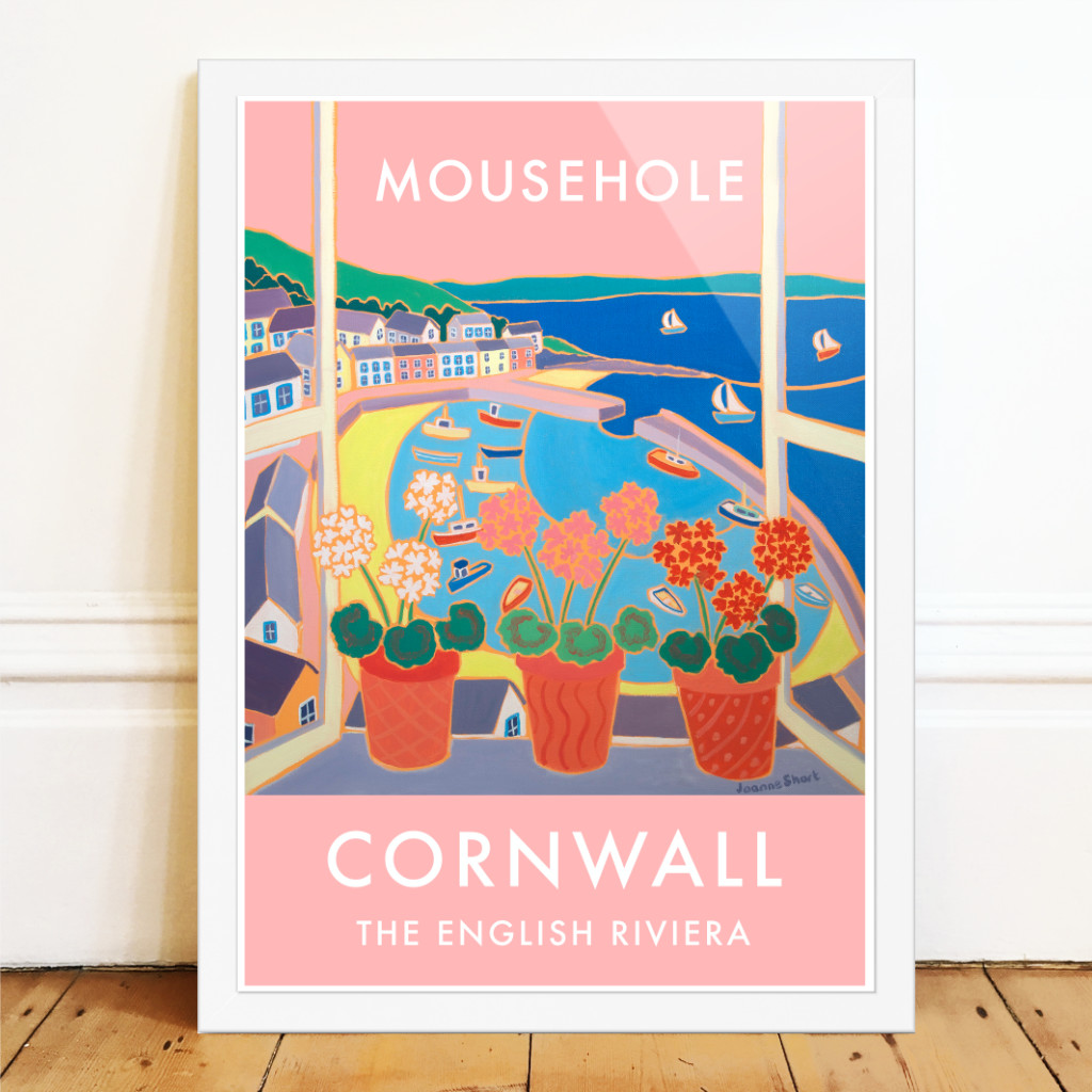 Art poster of Mousehole Harbour in Cornwall by Cornish artist Joanne Short. Pink design with red geraniums on a windowsill