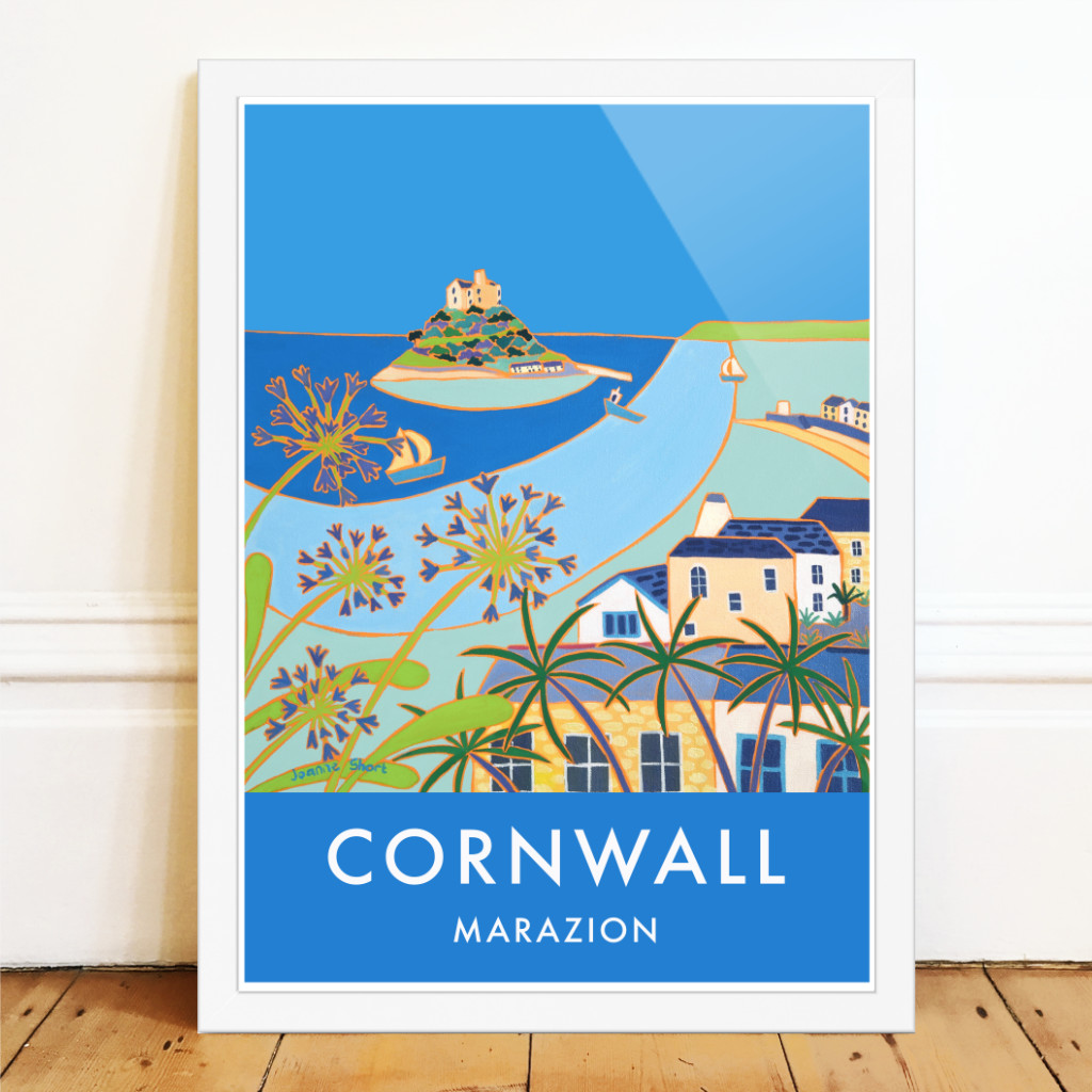 Joanne Short art poster of the Cornish town of Marazion with blue agapanthus and a view of St Michael's Mount