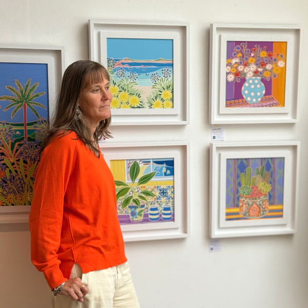 Cornish artist Joanne Short seen with her contemporary oil paintings in the Porthmeor Studios in St Ives, Cornwall