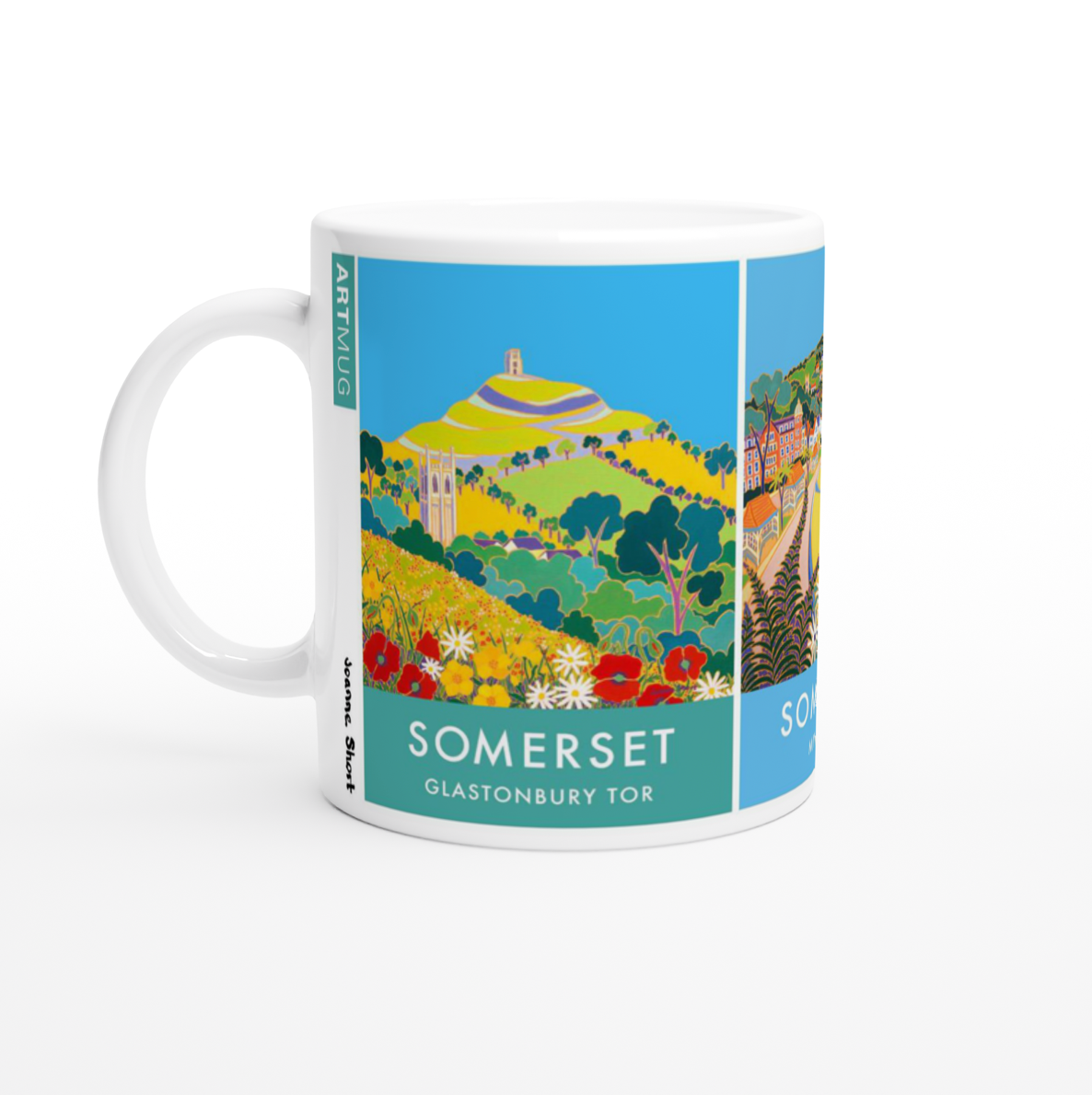 Art mug by artist Joanne Short featuring vintage style art posters of Somerset and Glastonbury.
