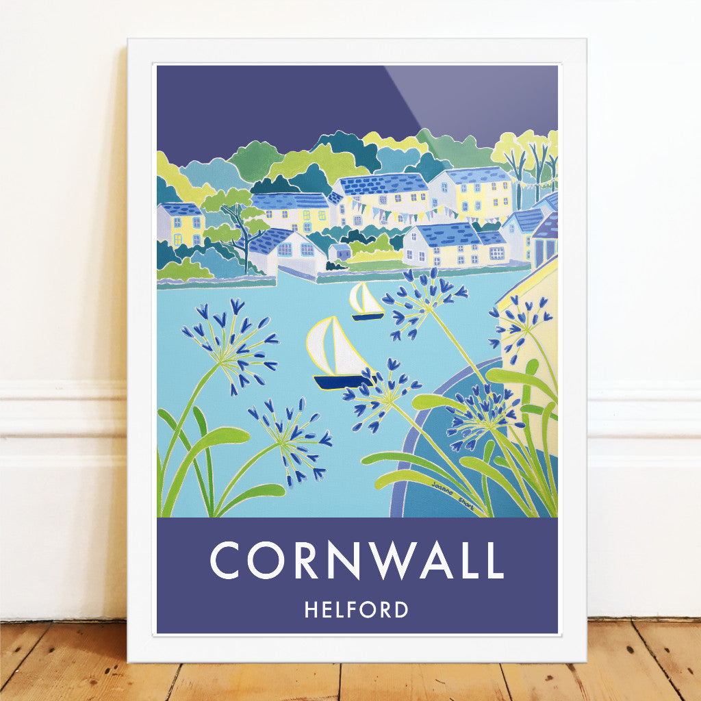 Joanne Short art poster of Helford in Cornwall. Agapanthus and a sailing boat.