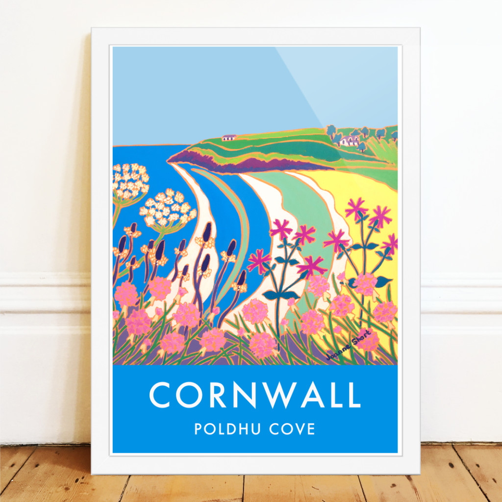 Vintage style art seaside travel poster of wild Cornish flowers on the cliffs at Poldhu Cove in Cornwall by artist Joanne Short.