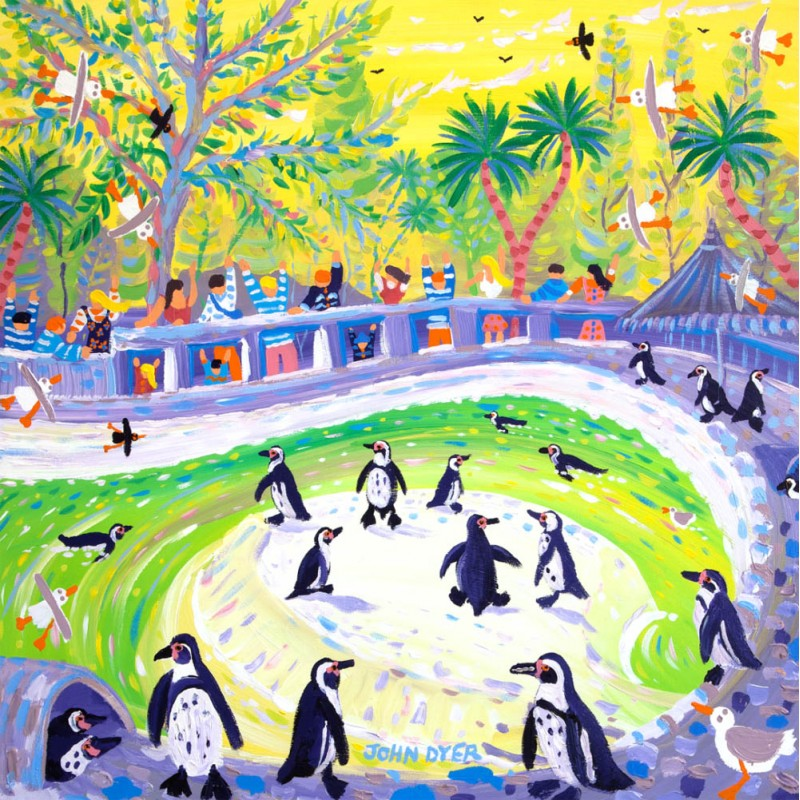 John Dyer signed print featuring penguins at the zoo. Humbolt penguins enjoy their penguin pool as excited families wave.