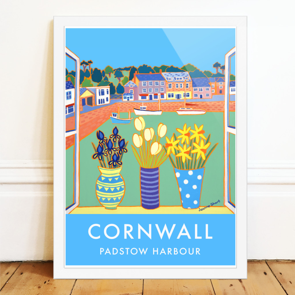 Padstwo Harbour art poster by Joanne Short. Irus, tulips and daffodils on the windowsill with fishing boats in the harbour