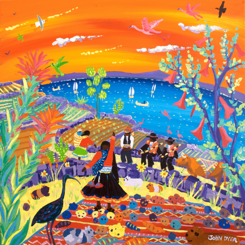 John Dyer signed limited print by John Dyer of Lake Titicacca in Peru with sunset, ibis, guinnea pigs, flamingo and potato harvest