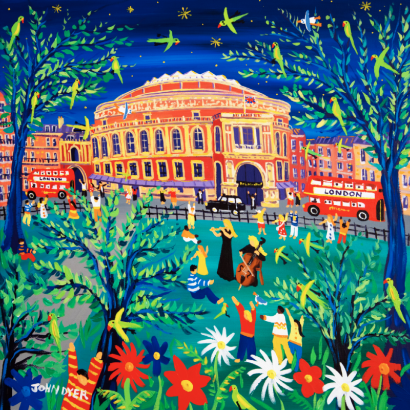 John Dyer signed limted edition print of the Roayl Albert Hall in Londin with flautist and cellist. red London bus, music, parrots and music