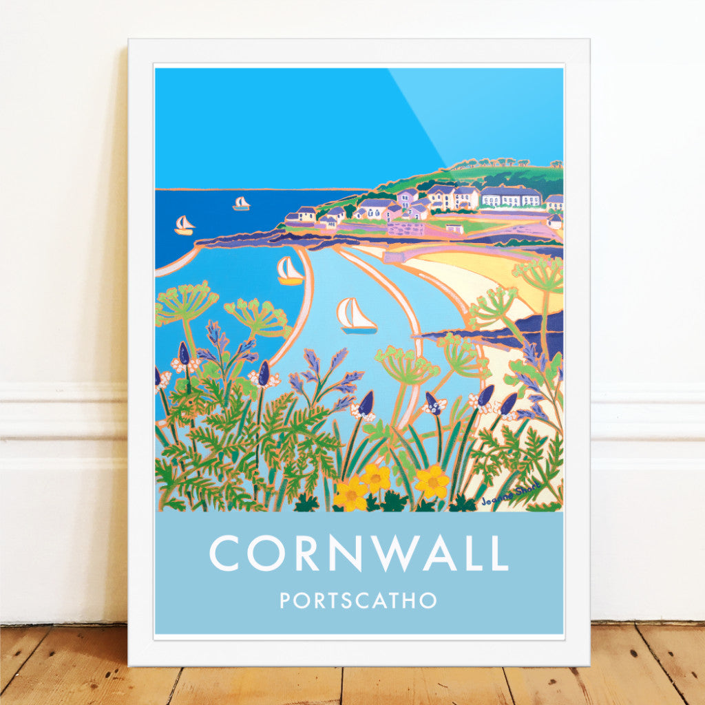 Vintage style travel art poster featuring the art of Joanne Short. Sailing boats and the beach at Portscatho