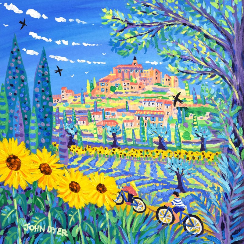 John Dyer signed limited edition print. Sunflowers and cyclists and bikes at Gordes in Provence, France