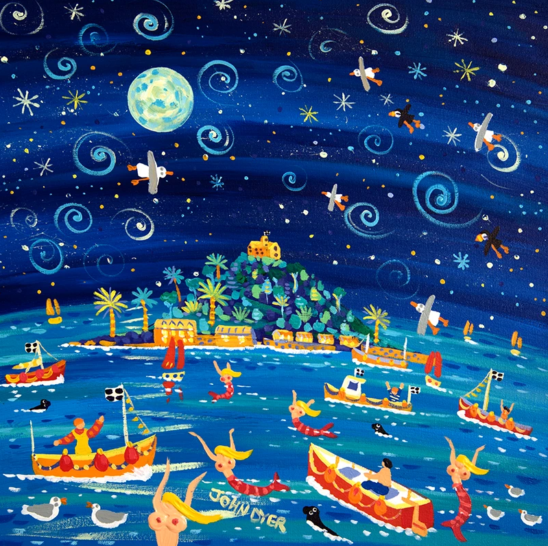 A full moon illuminates the topless mermaids as they play with the fishermen infront of St Michael's Mount in this magical John Dyer painting of Cornwall