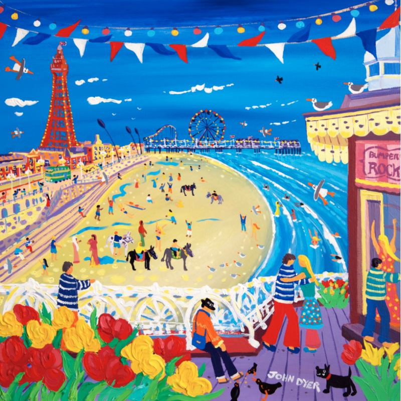 John Dyer signed limited edition print of Blackpool. A couple dance on the pier with the beach beyond with Blackpool tower and the pier. Flowers and bunting, donkeys and swimmers.