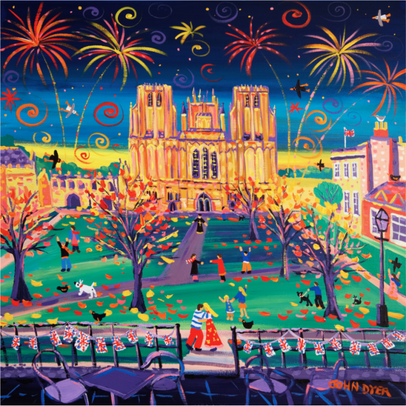 John Dyer signed limited edition print of Wells Cathedral in Somerset. Set at night with fireworks. A couple embrace and autumn leaves scatter onto Cathedral Green. Union Jack bunting decorates the cafe area of the Swan Hotel.