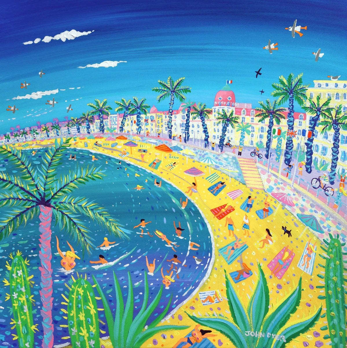 John Dyer painting of Nice in the south of France. Topless bathers enjoy teh beach surrounded by cacti, palms, agave and colourful parasols.