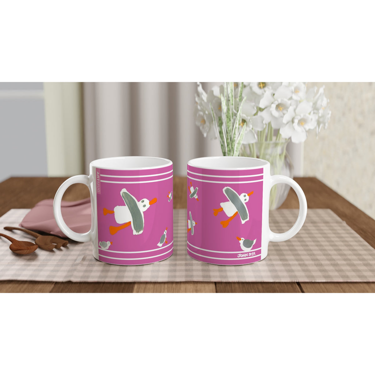 John Dyer Cornish Art Mug with Cornish Seagulls. Pink