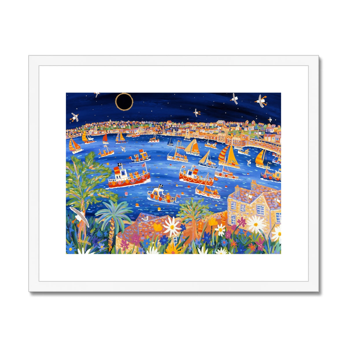 John Dyer Framed Open Edition Cornish Art Print. 'Sailing Beneath the Eclipse, Falmouth, Cornwall'.