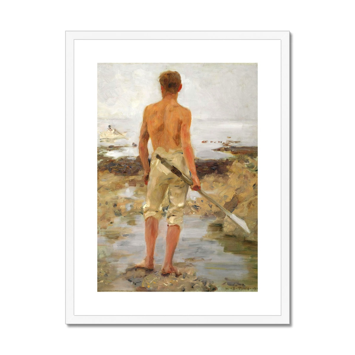 A Boy with an Oar by Henry Scott Tuke. Framed Open Edition Fine Art Print. Historic Art