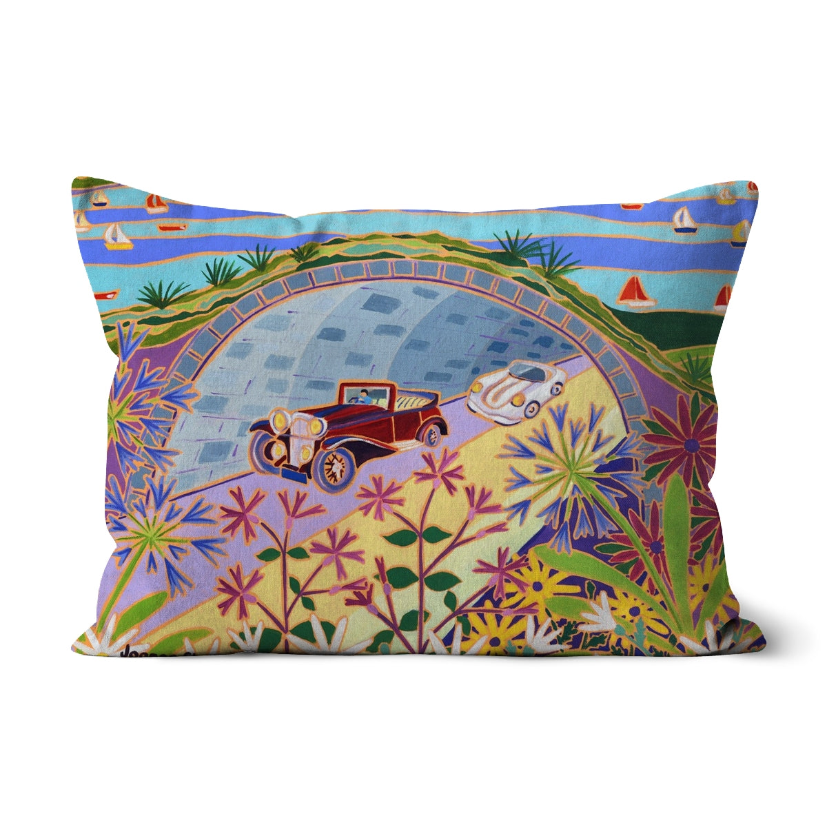 Fowey Classic Car Parade 'Parading through the Pinnock Tunnel,' Art Cushion by Joanne Short