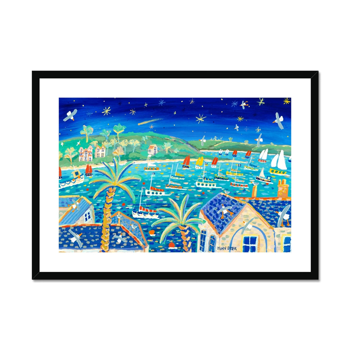 John Dyer Framed Open Edition Cornish Art Print. 'Sailing Beneath the Comet, Falmouth, Cornwall'.