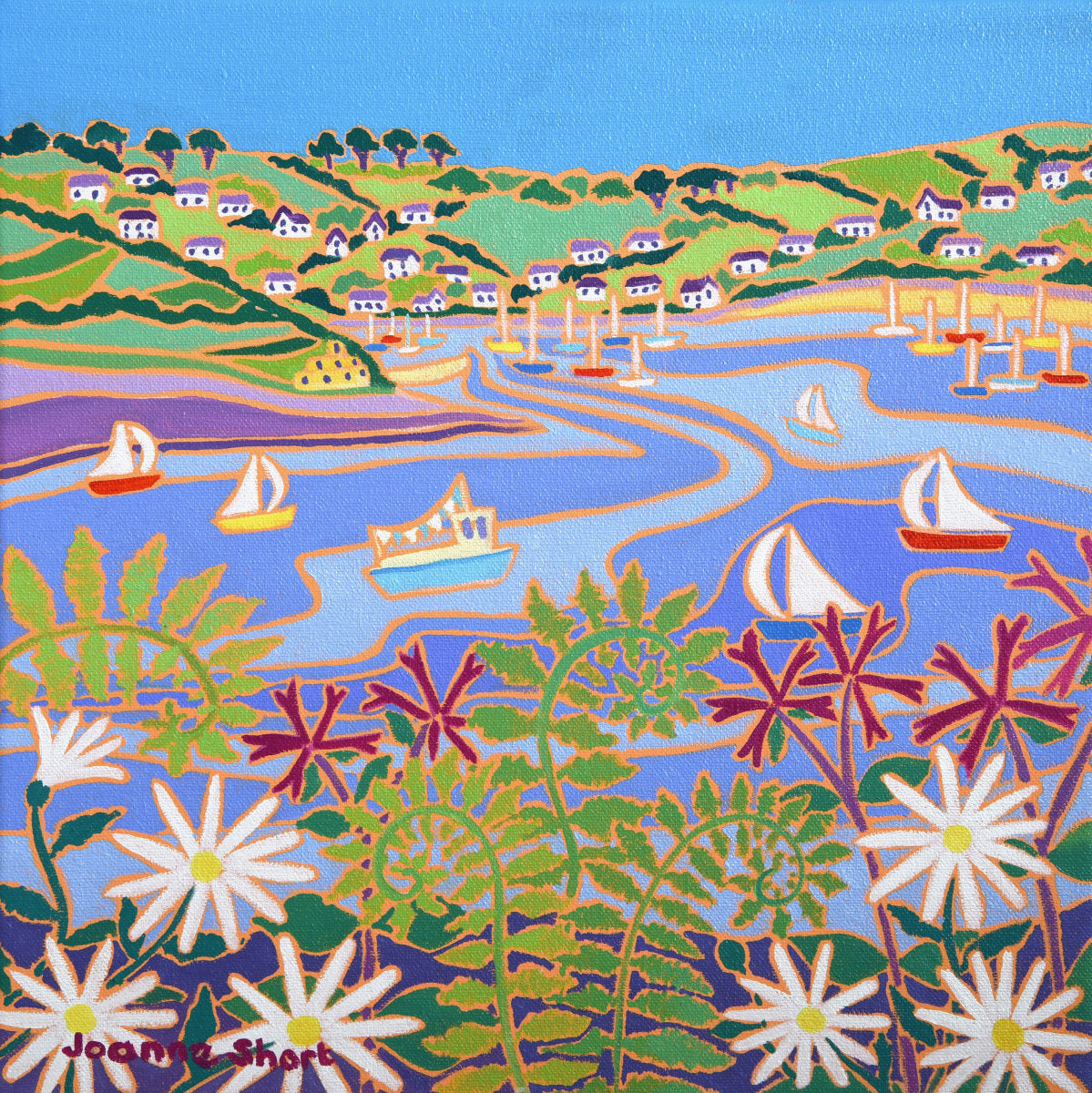 &#39;Day Trip to St Mawes&#39;, 12x12 inches oil on canvas. Cornwall Art Gallery Painting by Cornish Artist Joanne Short