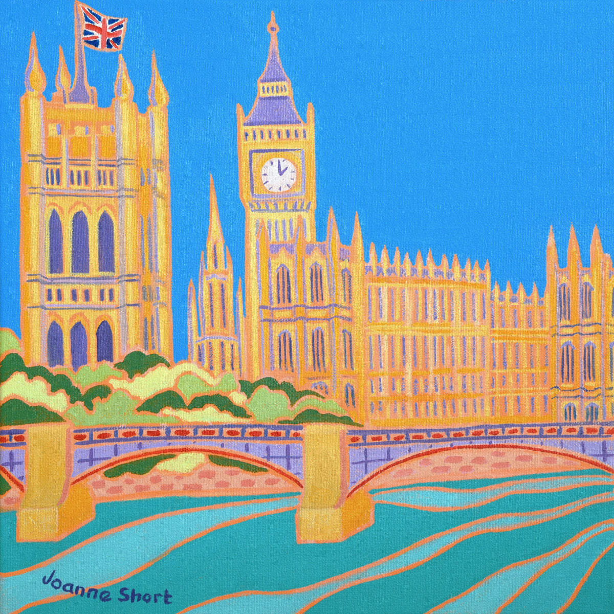 &#39;Summer in the City, London&#39;, 12x12 inches oil on canvas. Houses of Parliament Painting by British Artist Joanne Short