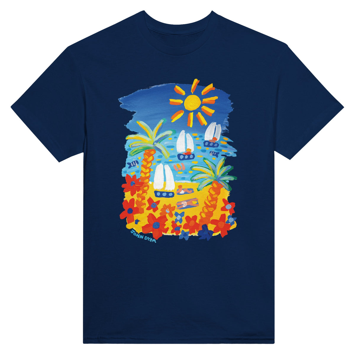 Navy Blue John Dyer Unisex Seaside &#39;Beach Vibes&#39; Art Cornwall T-Shirt. Cornwall Art Gallery