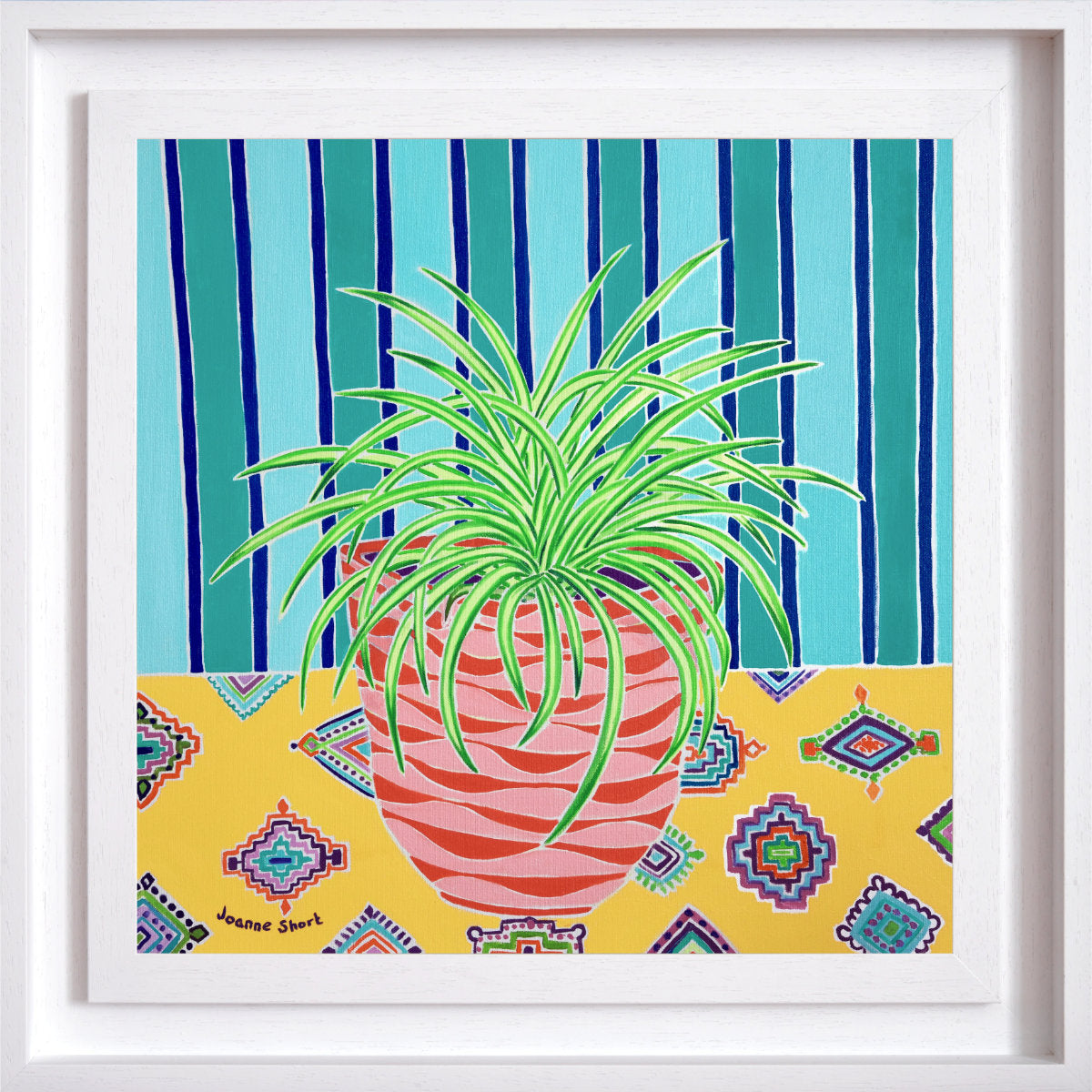 'Spider Plant on a Patterned Cloth',  18x18 inches oil on canvas. Painting by Cornish Artist Joanne Short