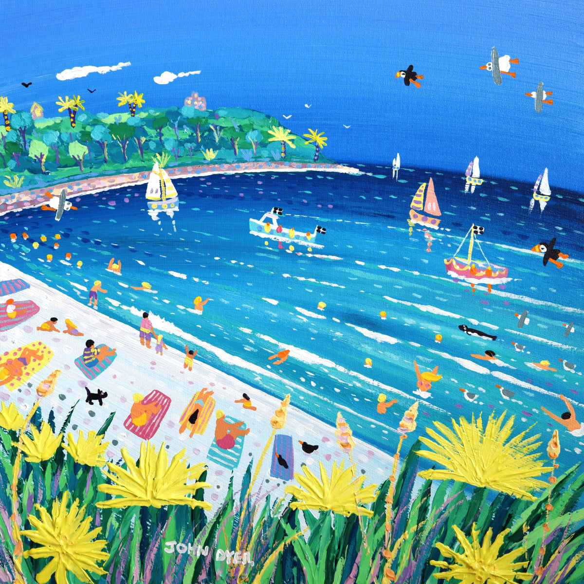 &#39;Boats and Beach Days at Castle Beach, Falmouth&#39;, 18x18 inches acrylic on canvas. Cornish Coastal Art Painting by British Artist John Dyer.