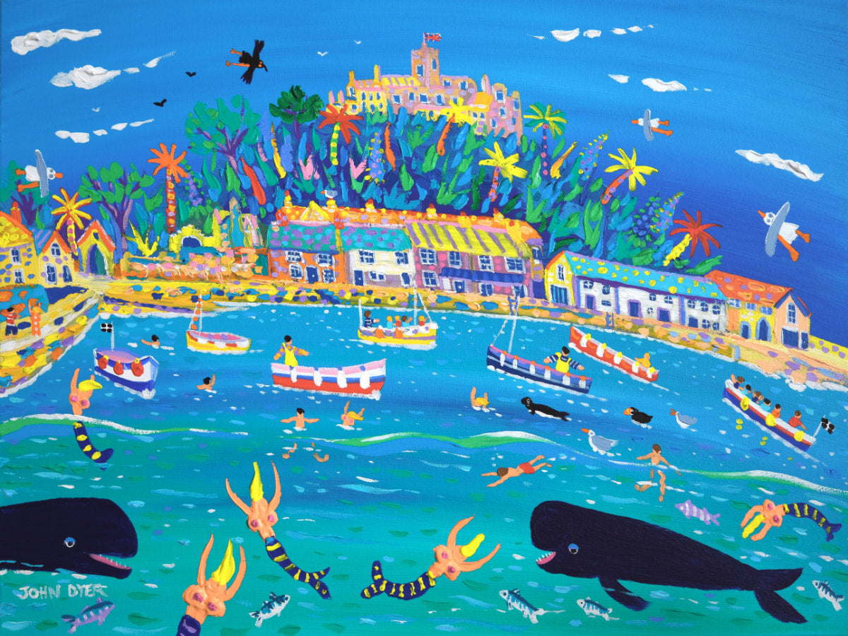 'Frolicking in the Harbour, St Michael's Mount', 18x24 inches acrylic on canvas. Coastal Painting of Cornwall by Cornish Artist John Dyer