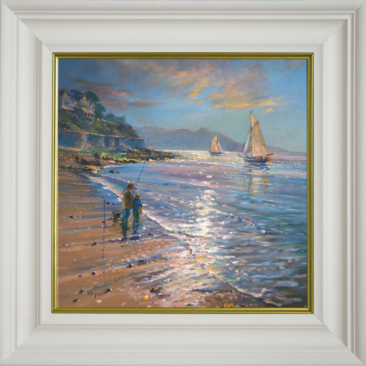 'Sparkling Light, Gyllyngvase Beach', 14x14 inches oil on canvas. Painting by Cornish Artist Ted Dyer. Cornish Art from our Cornwall Art Gallery