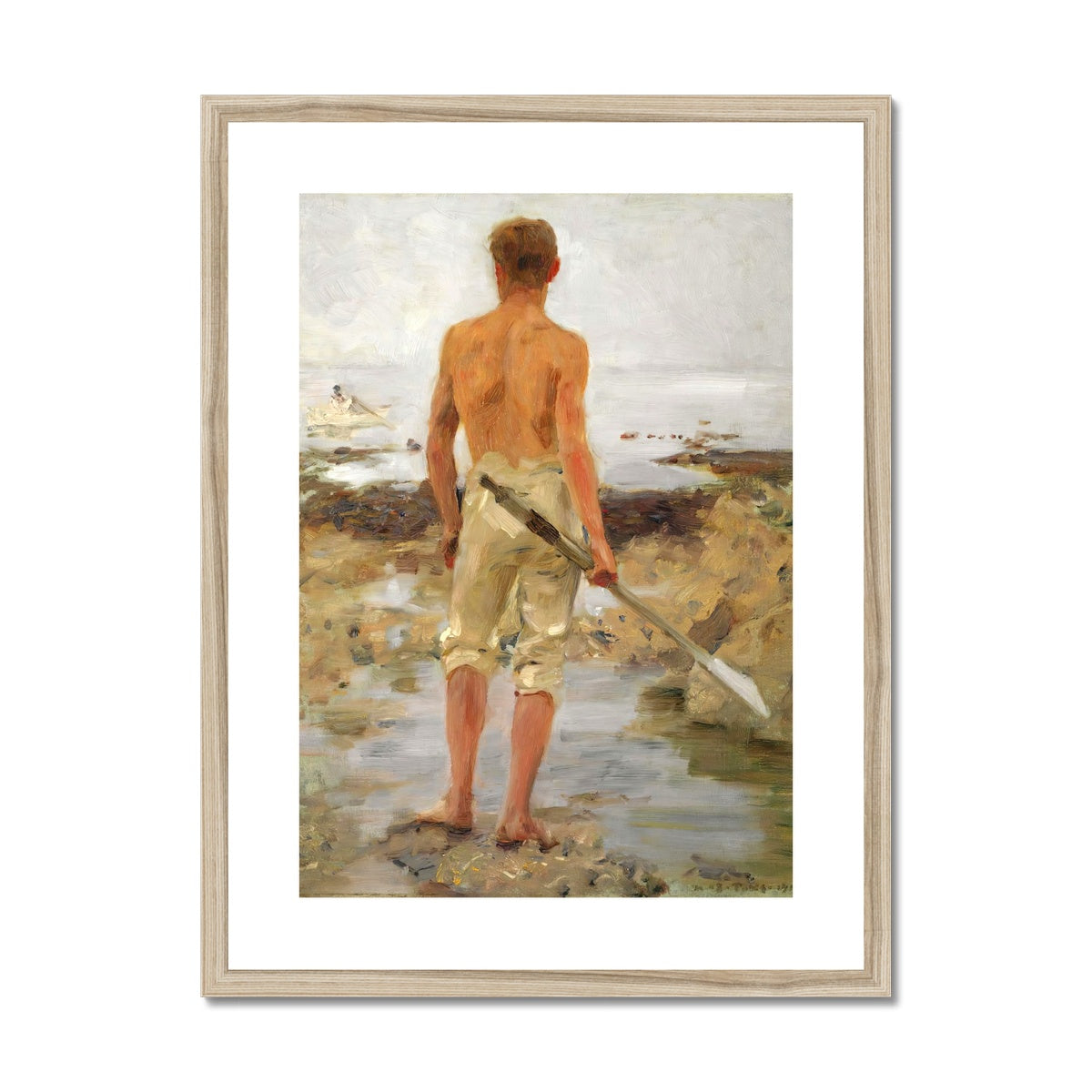 A Boy with an Oar by Henry Scott Tuke. Framed Open Edition Fine Art Print. Historic Art