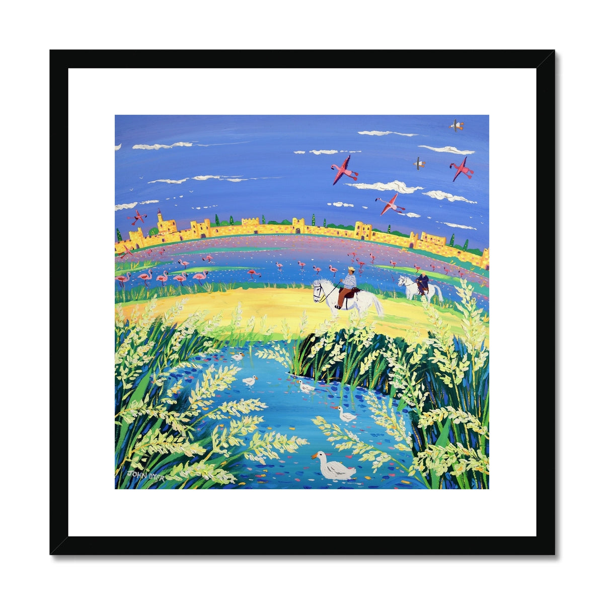 John Dyer Framed Open Edition French Art Print. 'The Spirit of the Camargue, White Horses, Rice and Flamingoes, Aigues-Mortes, Provence'.