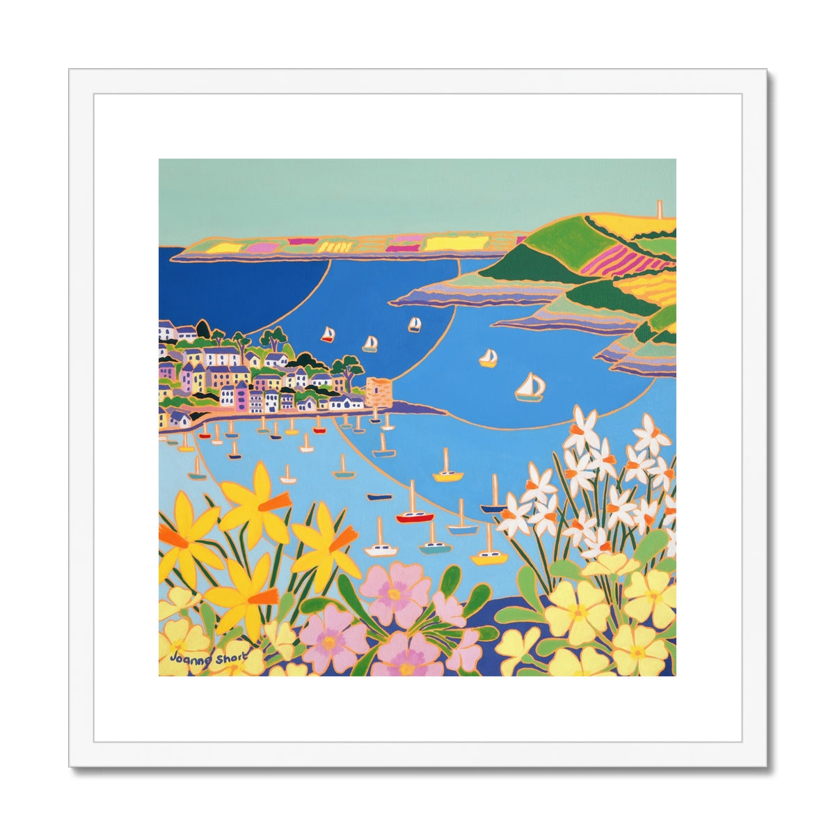 Joanne Short Framed Open Edition Cornish Art Print. 'Spring Flowers Polruan, Fowey River'. Cornwall Art Gallery
