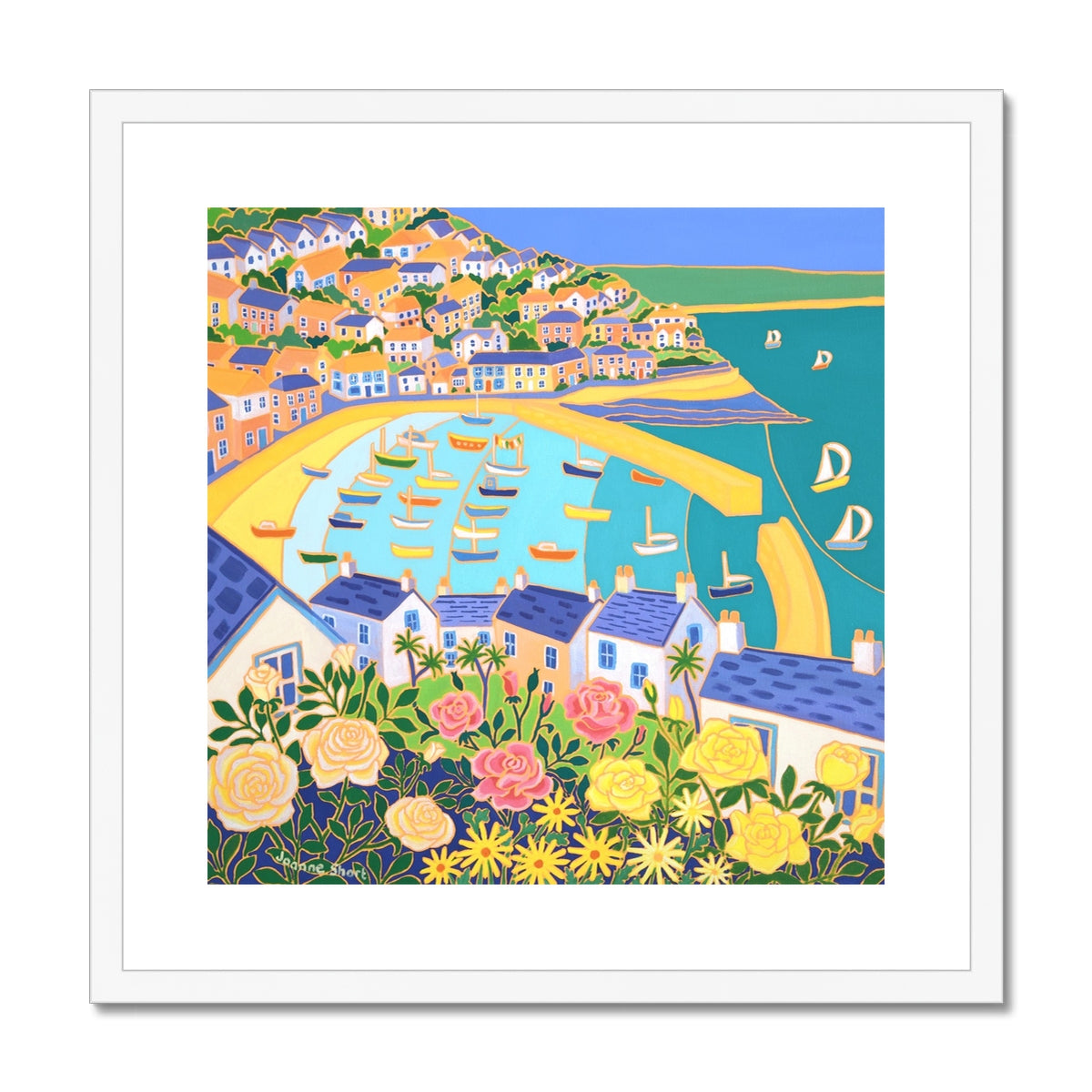 Joanne Short Framed Open Edition Fine Art Print. 'Cottage Rose Garden, Mousehole'. Cornwall Art Gallery Print