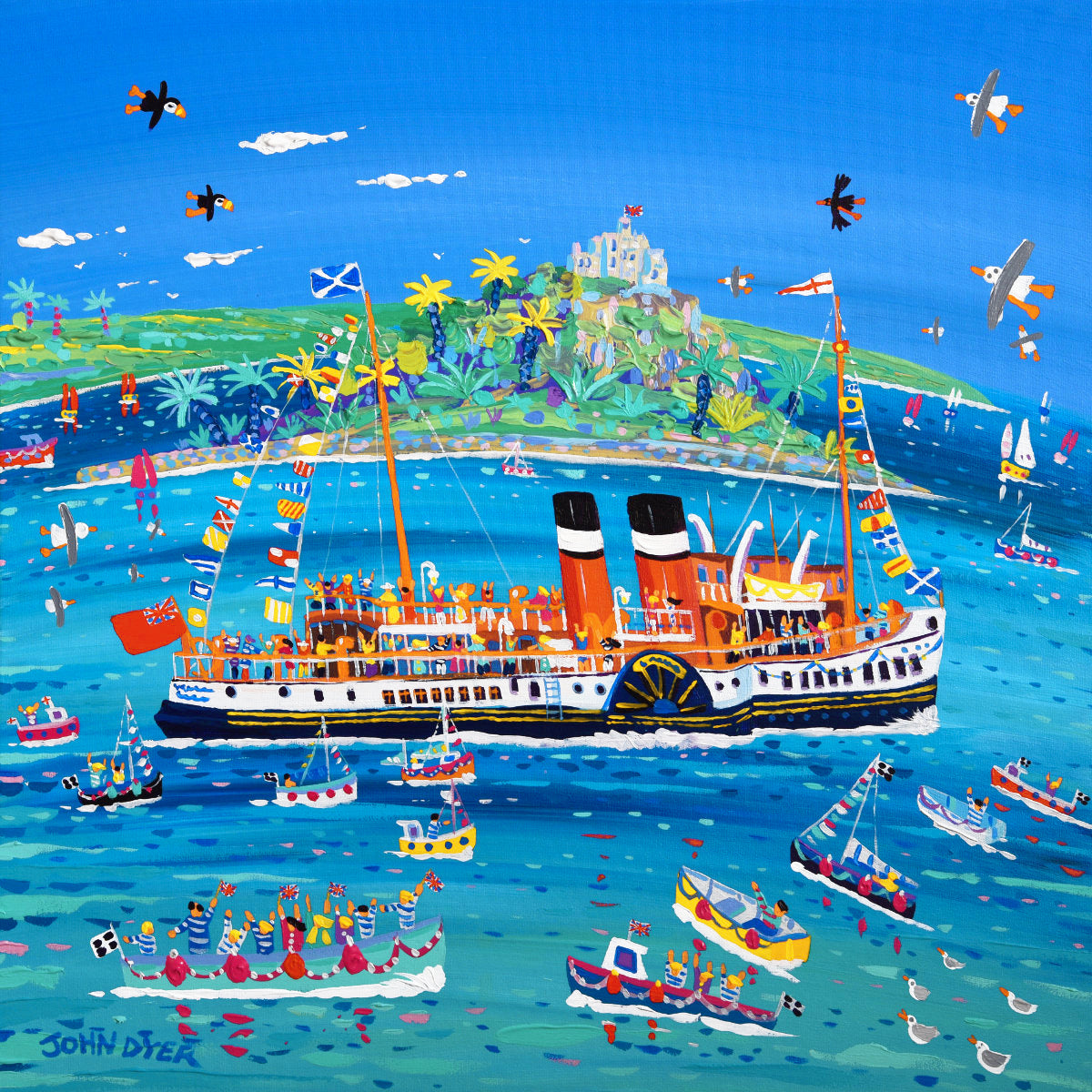 &#39;Waving at the Waverley Steaming Past St Michael’s Mount&#39;, 24x24 inches acrylic on canvas. Cornwall Painting by Cornish Artist John Dyer. Cornish Art from our Cornwall Art Gallery