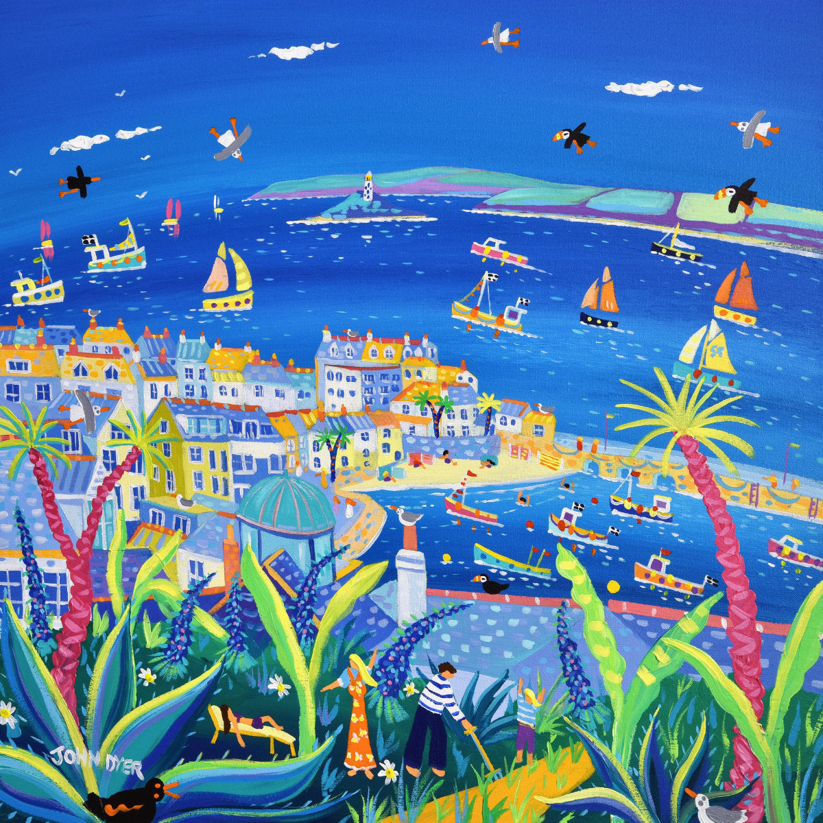 'Enjoying the Garden, Barnoon terrace, St Ives', 24x24 inches acrylic on canvas. Cornwall Painting by Cornish Artist John Dyer. Cornish Art from our Cornwall Art Gallery