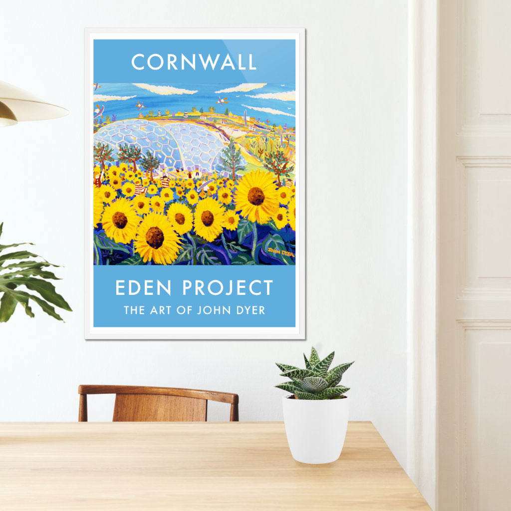Eden Project Art Poster Print by Cornish Artist John Dyer of The Eden Project Biomes, Outdoor Garden with Sunflowers