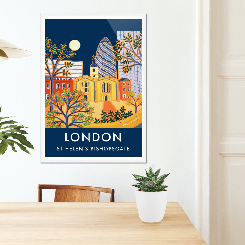 Vintage Style Travel Poster Print by Joanne Short of The Gherkin Building &amp; St Helen&#39;s Bishopsgate Church, London