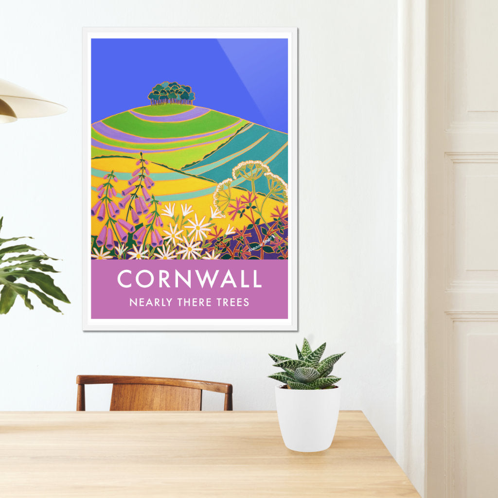 Vintage Style Travel Wall Art Poster Print of the &#39;Nearly There Trees&#39; at Cookworthy Knapp Devon - Cornwall by Cornish Artist Joanne Short
