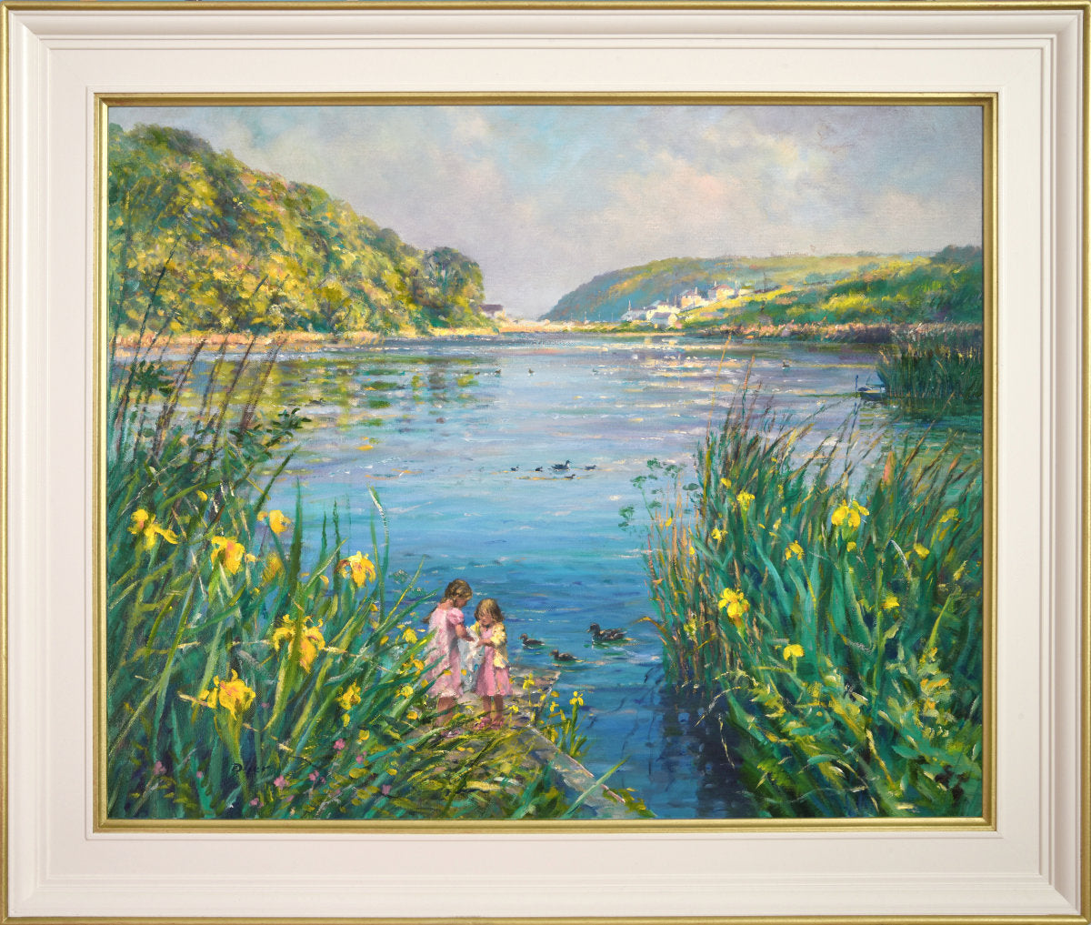 'Blue Water and Wild Iris, Swanpool', 20x24 inches Original Art, Oil on Canvas. Lakeside Painting of Cornwall by Artist Ted Dyer.