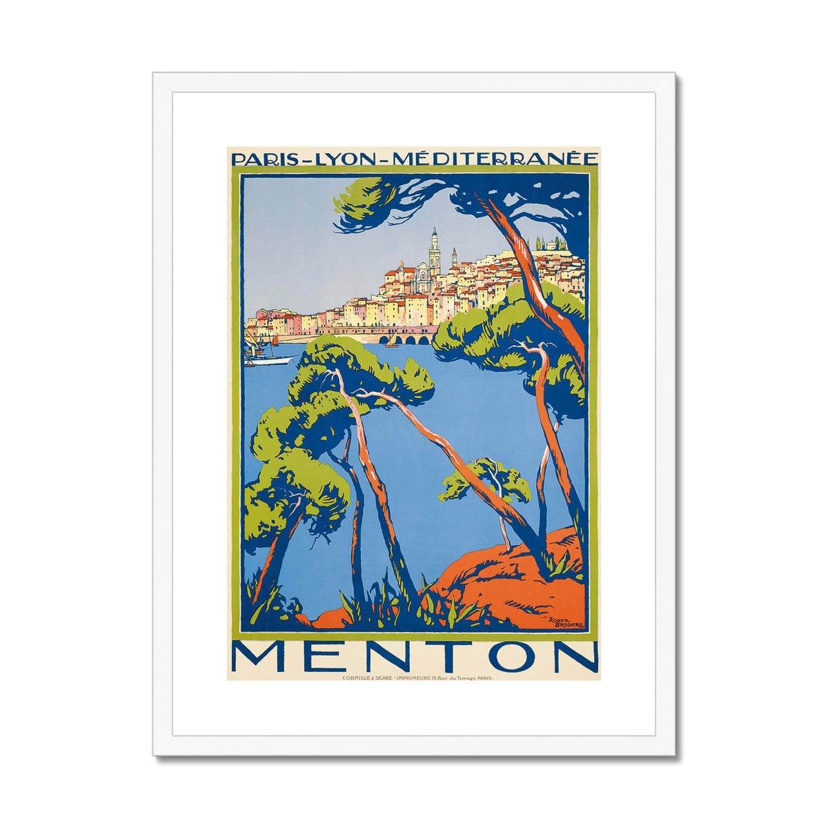 Vintage Travel Poster Print of Menton, France by Roger Broders. Open Edition Fine Art Print. Historic Art Framed and Mounted Print