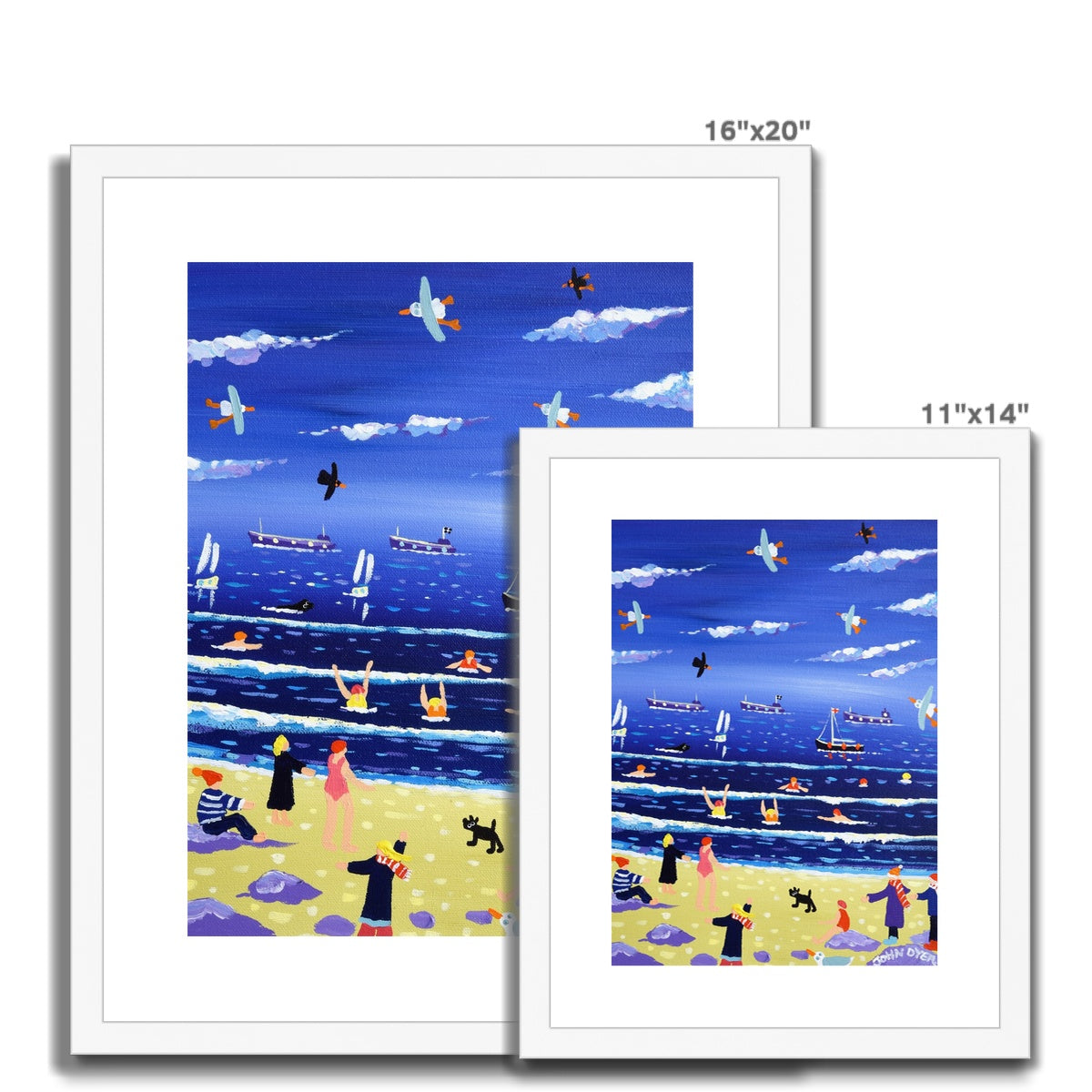 John Dyer Framed Open Edition Cornish Art Print. &#39;Chilly Dippers - Cold Water Swimming, Gyllyngvase Beach, Cornwall &#39;.