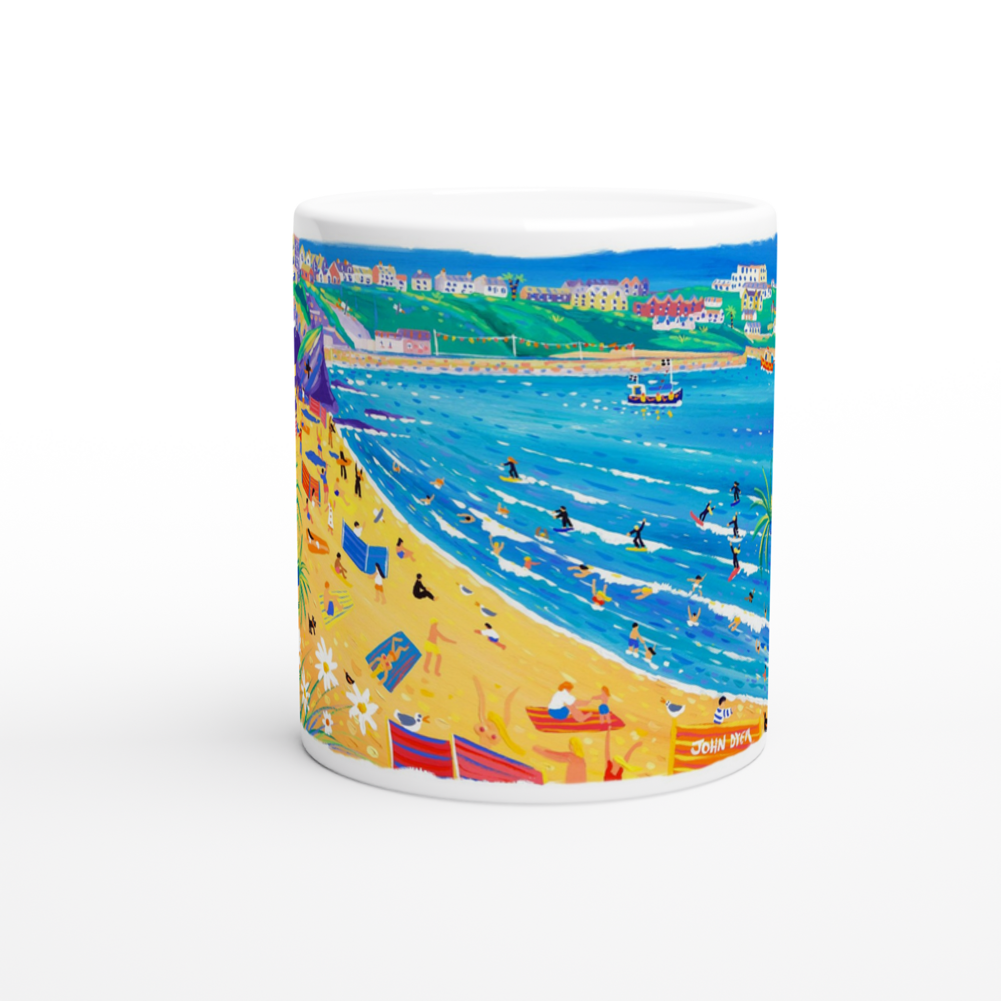 John Dyer Ceramic Cornish Art Mug. Surfing and Sunbathing Great Western Beach, Newquay