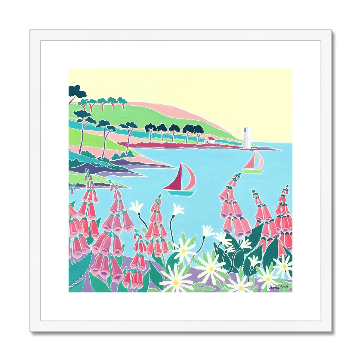 Joanne Short Framed Open Edition Cornish Art Print. &#39;Sailing Past the Lighthouse, St Anthony Headland&#39;. Cornwall Art Gallery