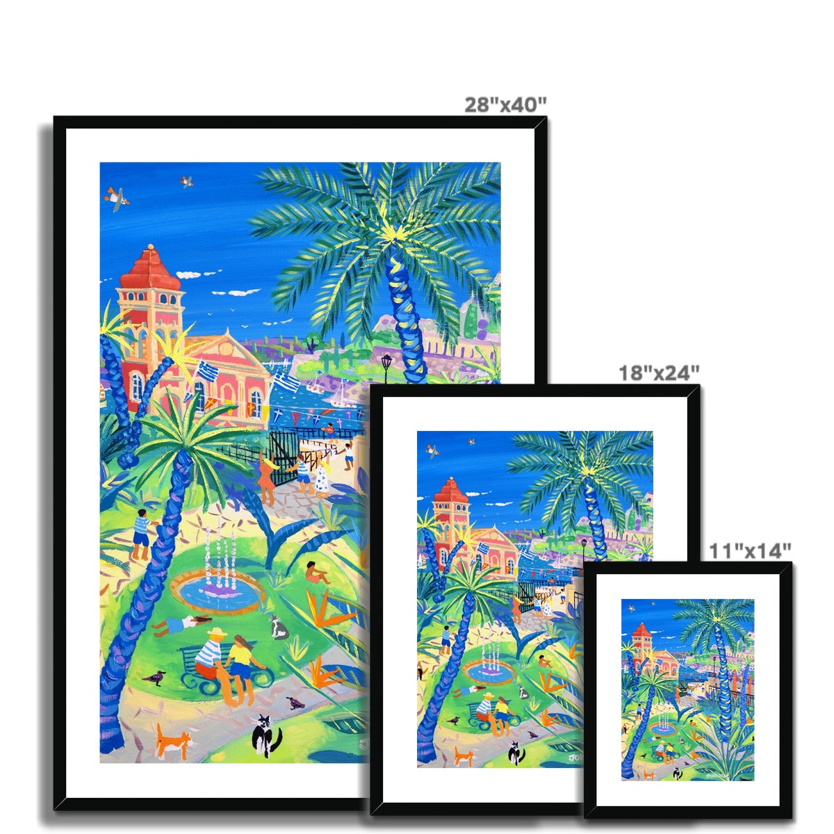 John Dyer Greece Artwork. Framed Open Edition Art Print. &#39;Cats, Families, and Fun in the Garden of the People, Corfu Town Greece&#39;. Greek Art Gallery