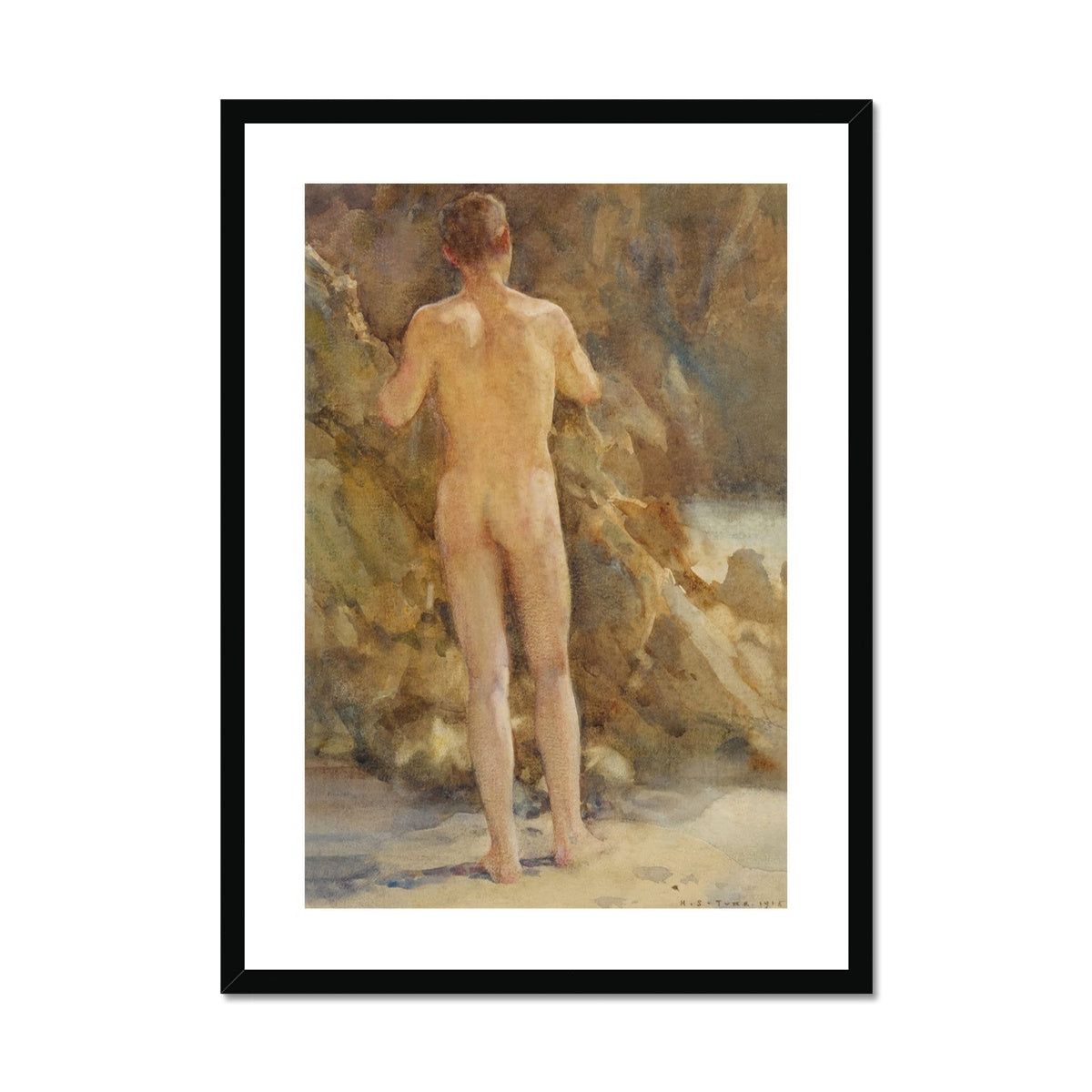 Male Nude by the Sea by Henry Scott Tuke. Framed Open Edition Fine Art Print. Historic Art