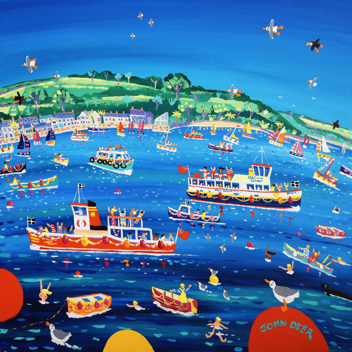 'Blue sky and Ferry Boats, Greenbank, Falmouth', 30 x 30 inches acrylic on canvas. Coastal Paintings of Cornwall by Cornish Artist John Dyer