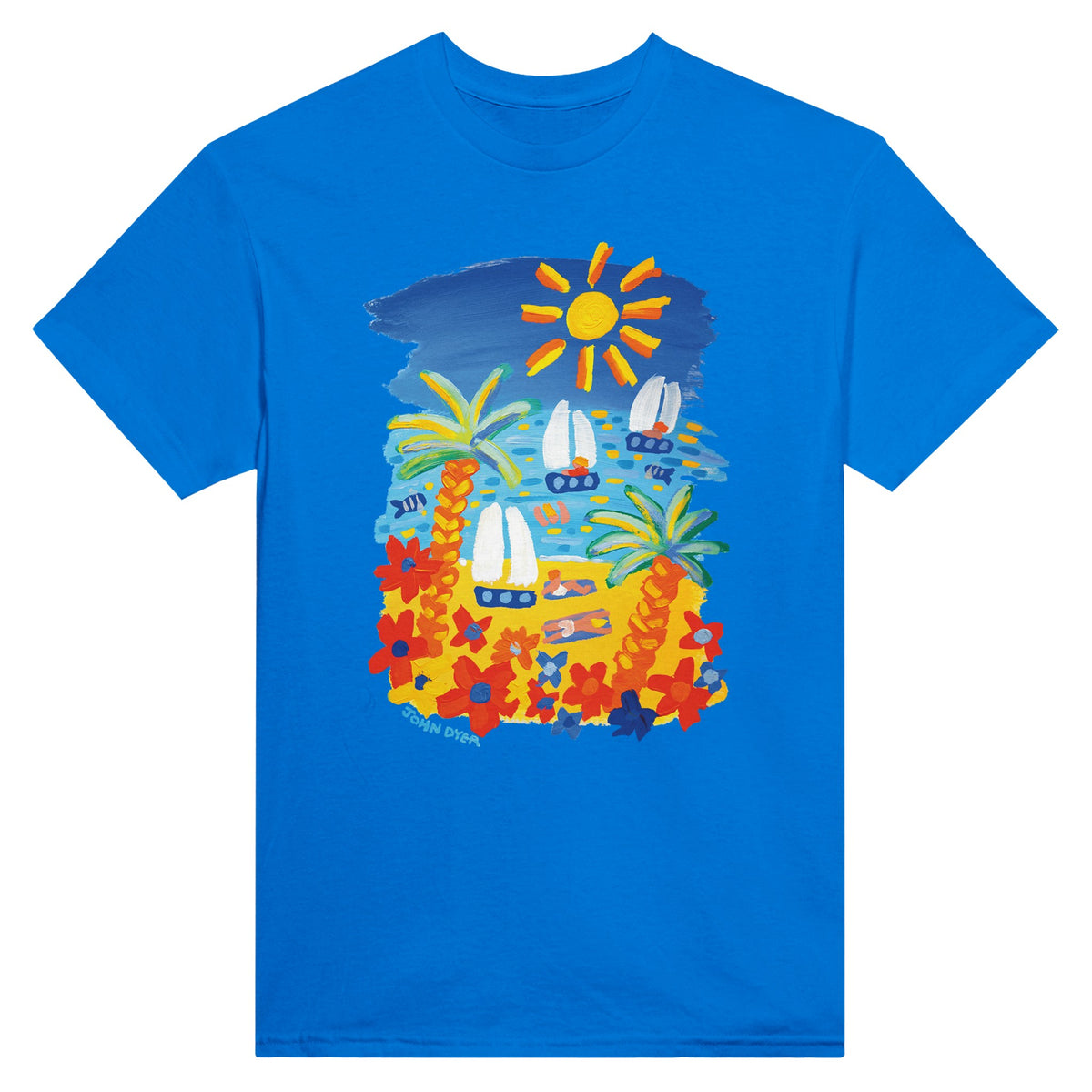 Bright Blue John Dyer Unisex Seaside &#39;Beach Vibes&#39; Art Cornwall T-Shirt. Cornwall Art Gallery