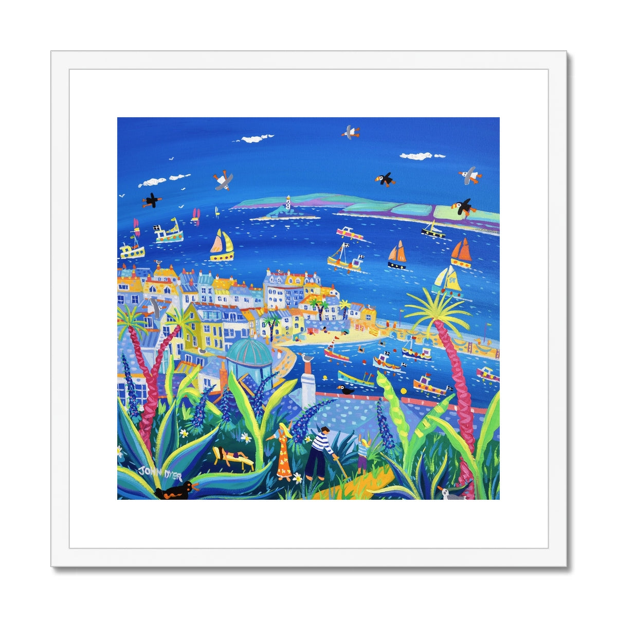 John Dyer Framed Open Edition Cornish Art Print. 'Enjoying the Garden, Barnoon Terrace, St Ives'. Cornwall Art Gallery